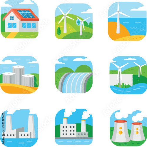 Renewable and traditional energy icons set, solar wind hydro nuclear power plants, flat design illustration collection for sustainability concepts