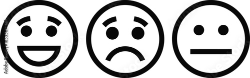 Three simple black and white facial expression icons happy sad and neutral