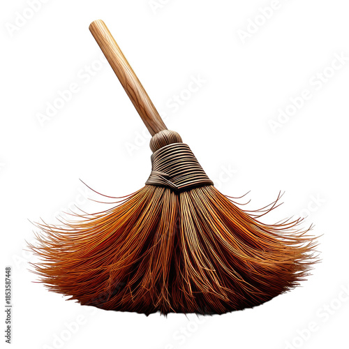 Old fashioned straw broom, handle angled, dark background