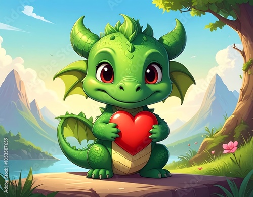 A cute cartoon green dragon with big red eyes holds a bright red heart, set in a sunny nature scene