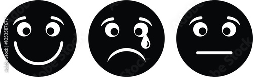 Three black and white emoticons depicting happiness sadness and neutrality