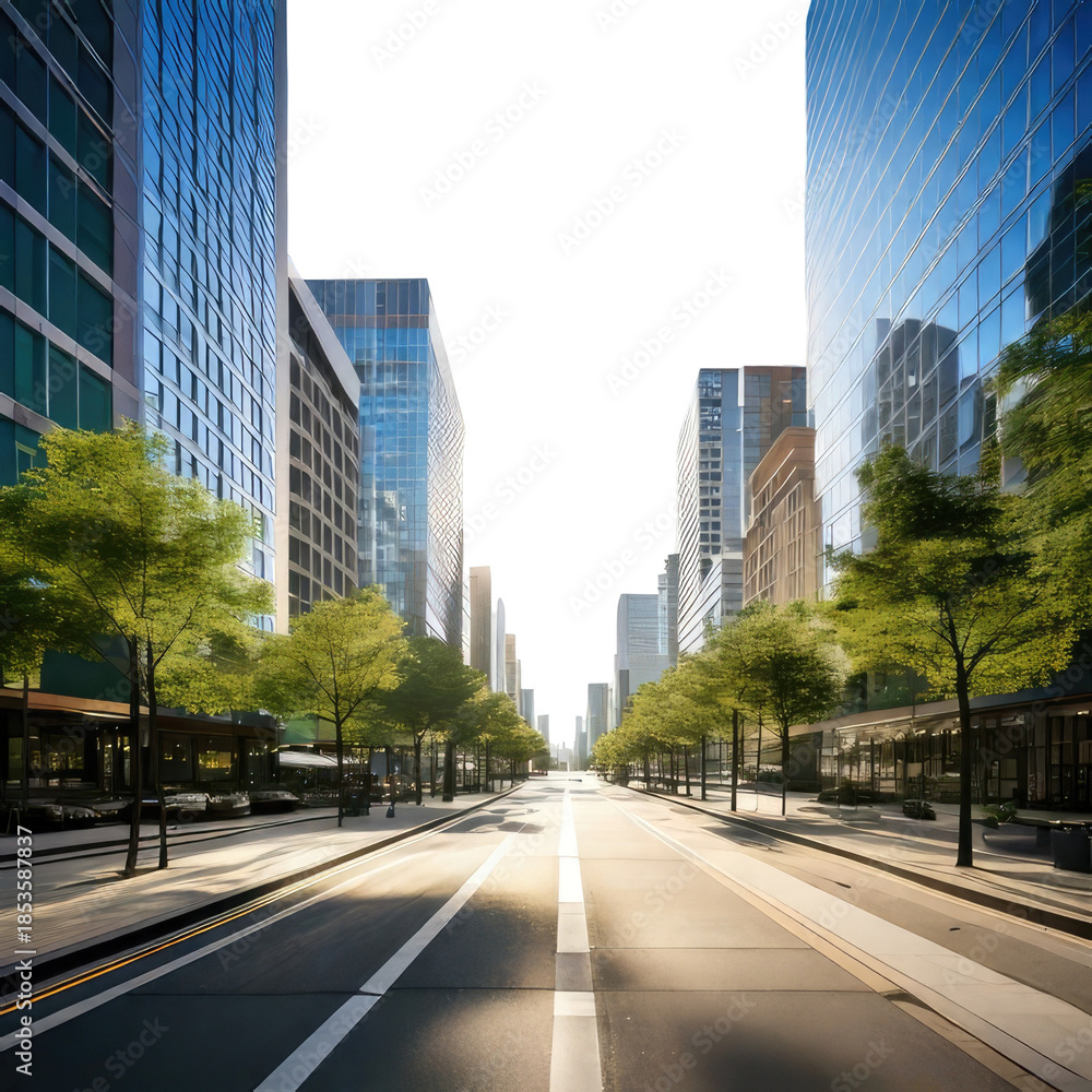 Fototapeta premium Urban street lined with tall buildings under sunny skies
