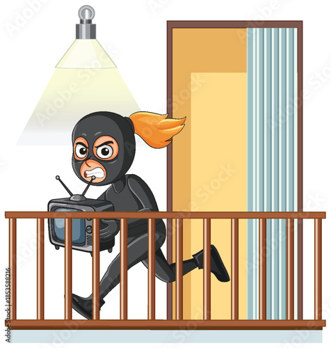 Burglar in Black Suit Stealing Television on Balcony