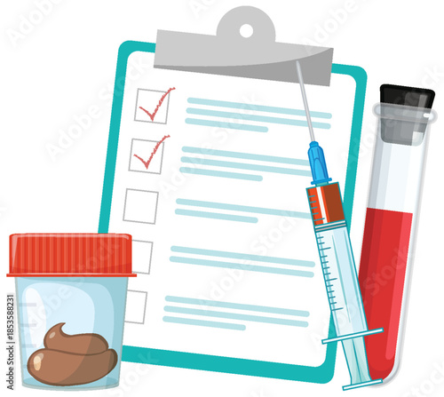 Medical Test Checklist with Syringe and Sample Containers