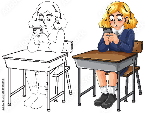 Schoolgirl Sitting at Desk Using Smartphone Illustration