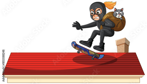 Burglar Skateboarding on Rooftop With Stolen Cat