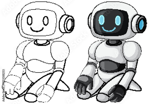 Friendly Cartoon Robot Sitting with Outline and Color Versions