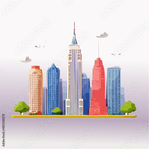 Stylized vector illustration of a city skyline with various skyscrapers and green trees.