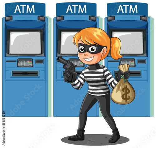 Cartoon Thief Robbing ATM Machines With Money Bag