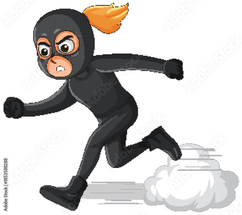 Female Burglar in Black Suit Running Quickly