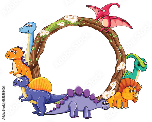 Colorful Dinosaur Frame with Floral Accents