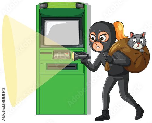 Burglar in Black Suit Sneaking Near ATM With Cat