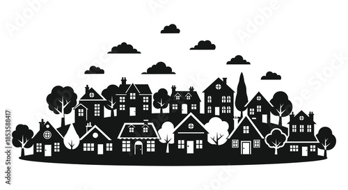 A charming townscape with detailed buildings and trees presented in a striking black silhouette