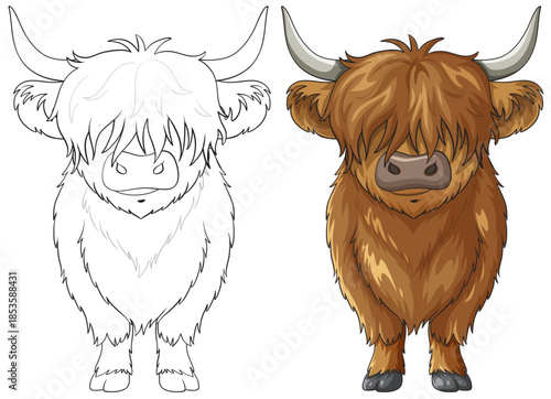 Highland Cow Vector Illustration with Line Art and Color