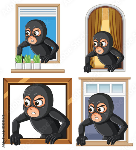 Cartoon Burglar Climbing Through Various Window Styles