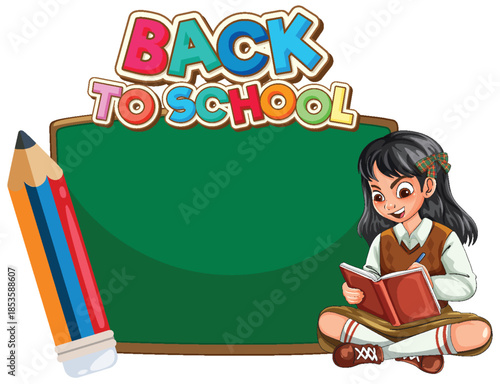 Schoolgirl Reading Book Beside Chalkboard Back to School