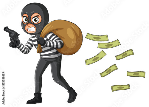 Cartoon Burglar Running With Money Bag and Gun