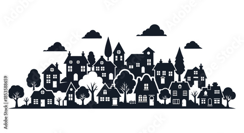 A charming depiction of a densely packed european townscape with trees presented as a silhouette
