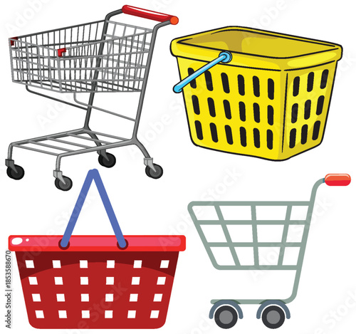 Shopping Carts and Baskets Vector Illustration Set