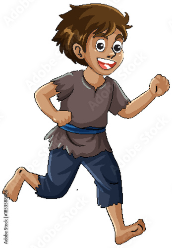 Smiling Boy in Ragged Clothes Running Forward