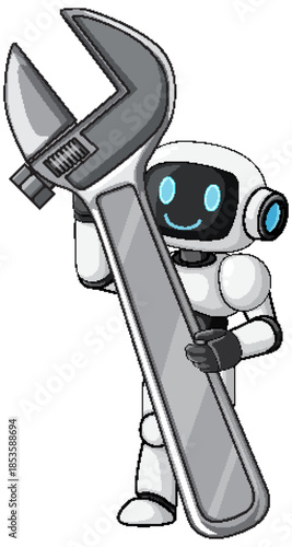 Friendly Robot Holding Large Adjustable Wrench Illustration