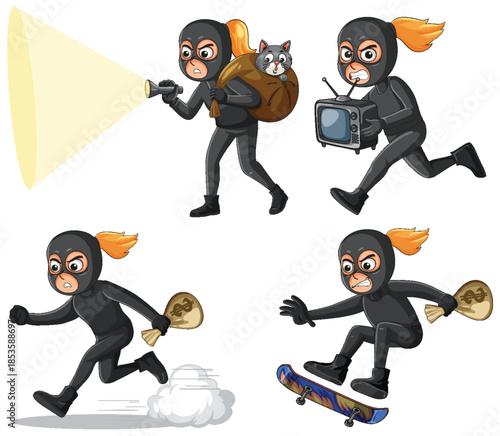 Cartoon Female Burglar in Action with Loot and Disguises