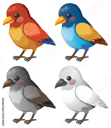 Colorful Cartoon Birds Set in Vector Illustration