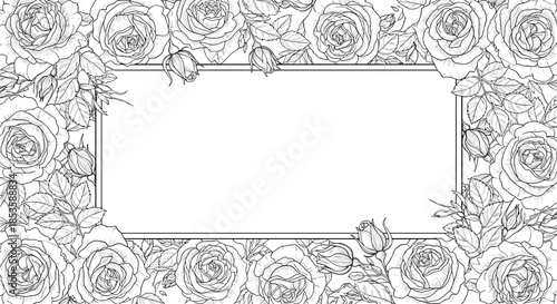 Elegant rectangular frame created from beautifully detailed black and white roses and buds, perfect for invitations or announcements.