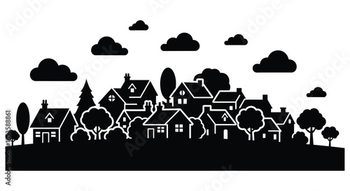 A striking black and white cityscape with fluffy clouds above captured as a bold silhouette