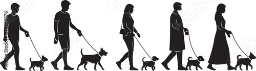 Silhouettes of People Walking Dogs on White Background Keywords: people, dogs, walking