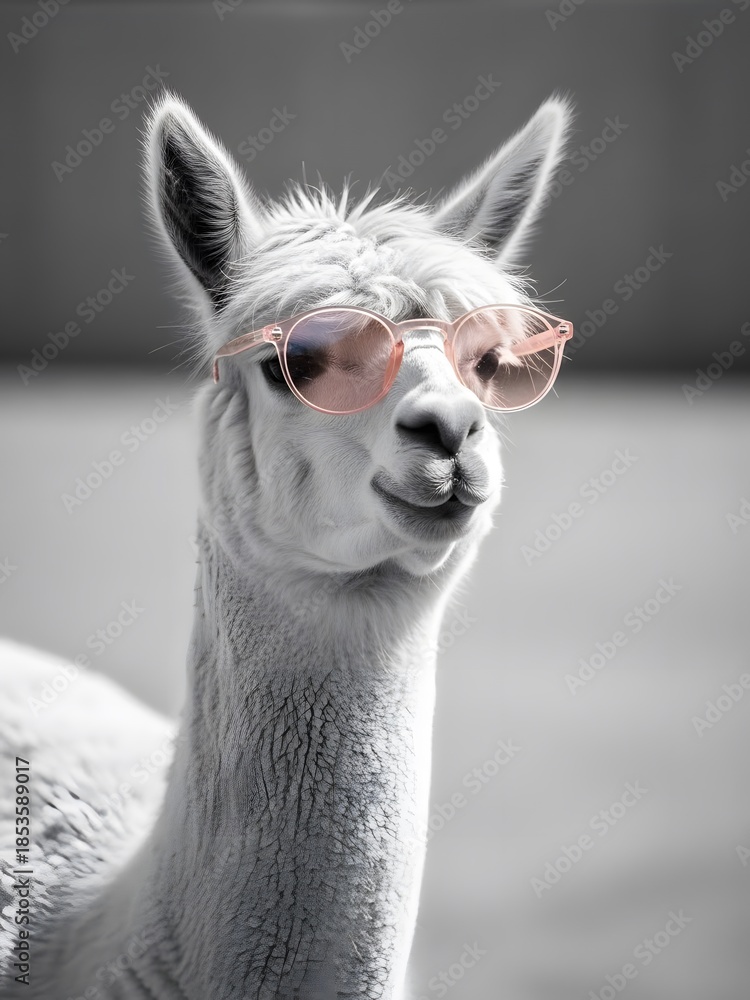 Naklejka premium A white alpaca wearing pink sunglasses on a blurry background
