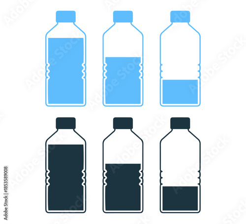 water bottle liquid level icons set flat blue outline vector design