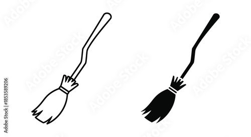 Two simple black and white illustrations depict traditional brooms with distinct handle and bristle designs silhouette