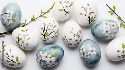 Easter eggs decorated with cherry blossoms on white background