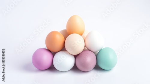 Colorful eggs stacked in a pyramid on a white background