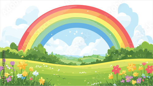 vector Colorful rainbow over a lush landscape