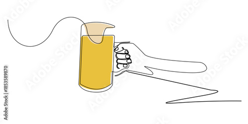 Line art drawing of a hand holding a beer glass. Abstract line art with colors, hand with beer. Suitable for parties, celebrations and beer making.