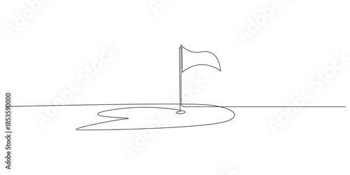 Continuous line drawing of a golf course with a flag and hole. symbolizing outdoor sport activities. Single line for golf, leisure, competition, and recreation themes.