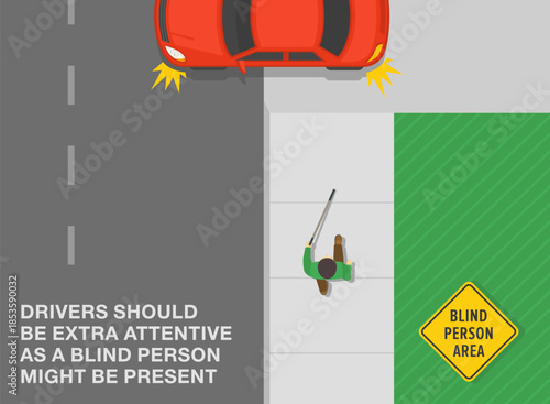 Safe driving tips and traffic regulation rules. Blind person area. Top view of a pedestrian using cane walks on sidewalk. Red car turns from driveway. Flat vector illustration template.