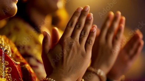 Close-up of hands clapping in rhythmic devotion during a Hindu Aarti ceremony, soft warm light from diya, cinematic 4k.