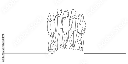 Continuous line drawing Gen Z youth group standing together.friendship, diversity, and modern social connection. Single line suitable for lifestyle, community, and youth culture themes.