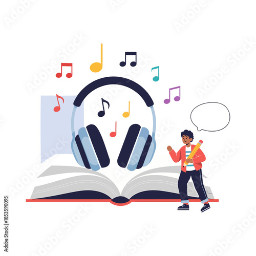 Young man with guitar and headphones on open book with music notes.