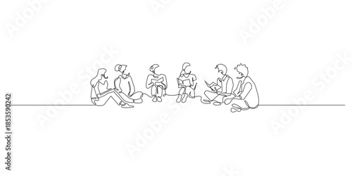Continuous line drawing of young men and women sitting together in a circle reading books, symbolizing learning discussion and shared knowledge. Single line for education community and teamwork.