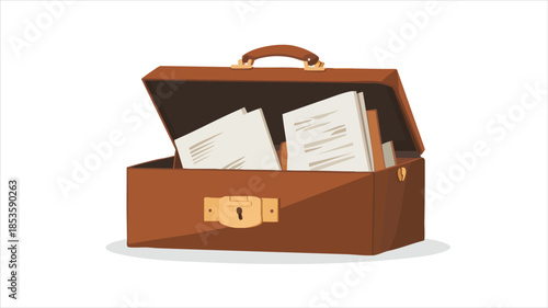 Open brown leather briefcase with documents