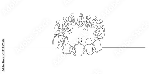 Continuous line drawing of a group of young men and women sitting in a circle, symbolizing discussion unity and social connection. Single line suitable for teamwork and community.