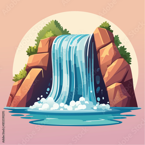 Cartoon illustration of a waterfall cascading over rocks into a pool of water.
