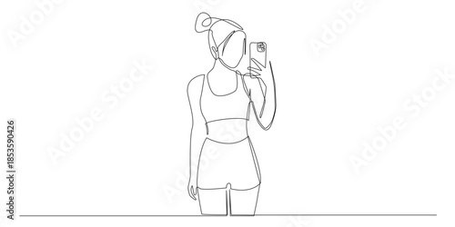 Continuous line drawing of a young woman taking a selfie with a smartphone,modern lifestyle, and social media expression. Single line illustration suitable for fashion, and technology