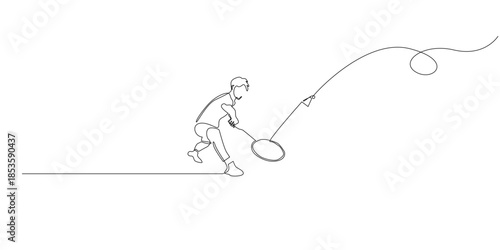 Continuous line drawing of a badminton player jumping and hitting a shuttlecock, capturing motion, agility, and energy in a minimalist single line style.