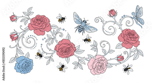 Whimsical floral design with pink and blue roses on curling vines, accompanied by buzzing bees and a delicate blue dragonfly.