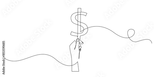 Continuous line drawing of a hand holding a dollar icon, symbolizing finance, income, savings, and financial support. Single line illustration suitable for business, economy, and money concepts.